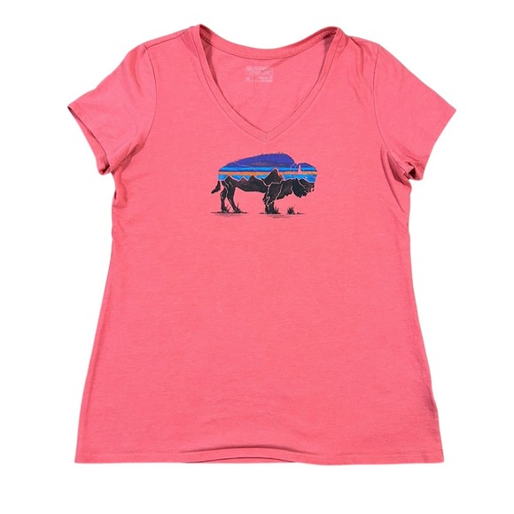 Patagonia Top Womens M Organic Cotton Outdoor Buffalo T Shirt Pink V‎ Neck - Picture 2 of 7